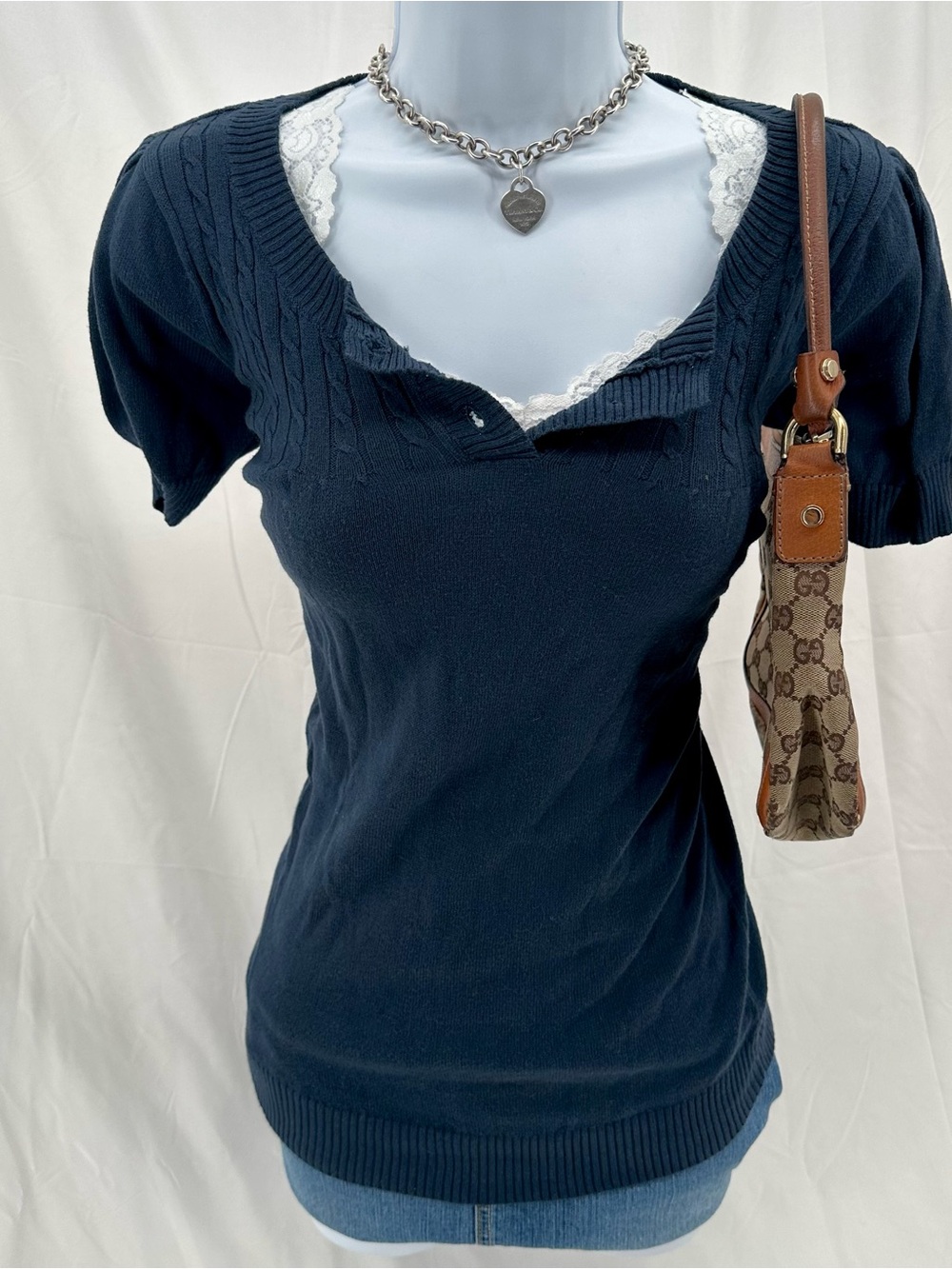 Coquette 2000s Henley Style Knit Forever 21 Navy Short Sleeve Top